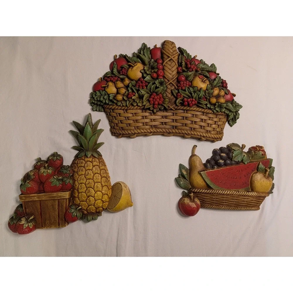 Vintage 1975 Homco Fruit Basket Wall Plaques Set 3 Dart Ind 7350 7351 7352 USA